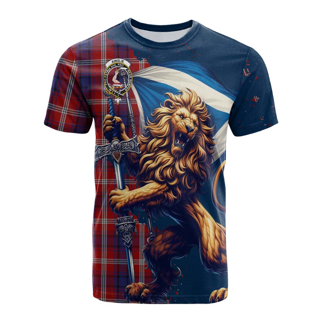 Tartan Vibes Clothing Ainslie Tartan Family Crest Cotton T-shirt with Scottish Majestic Lion