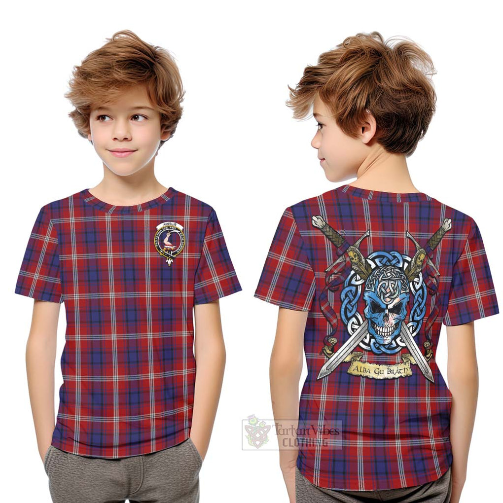 Tartan Vibes Clothing Ainslie Tartan Kid T-Shirt with Family Crest Celtic Skull Style