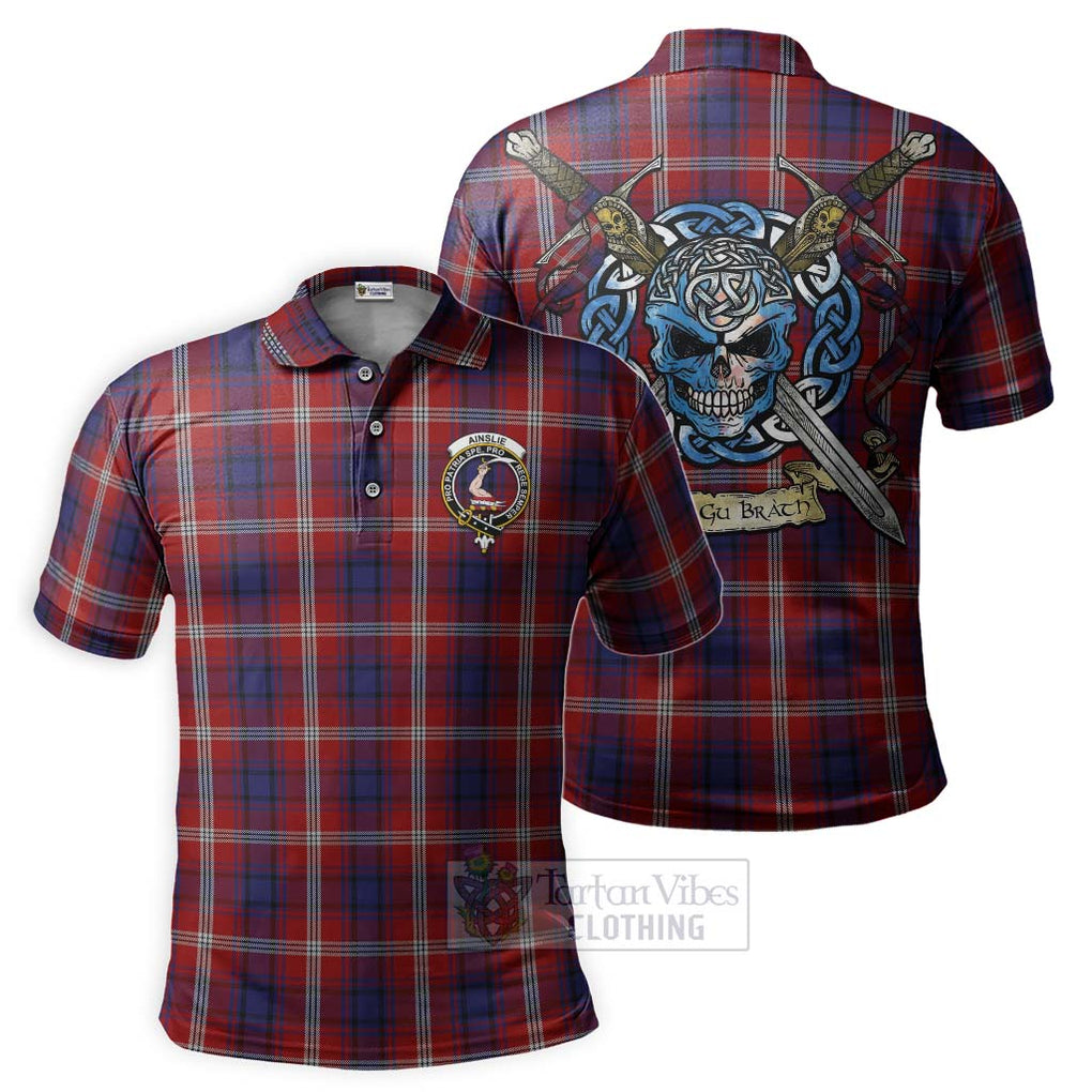 Tartan Vibes Clothing Ainslie Tartan Polo Shirt with Family Crest Celtic Skull Style