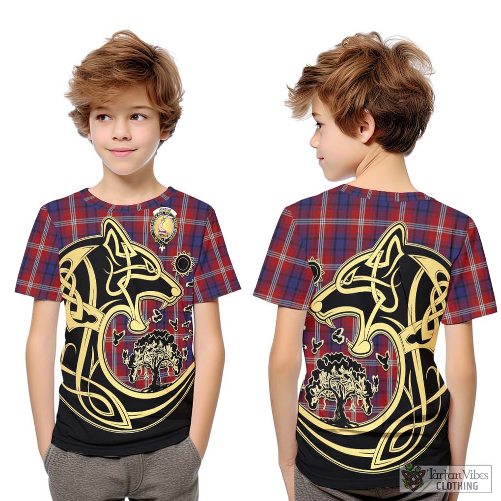 Ainslie Tartan Kid T-Shirt with Family Crest Celtic Wolf Style Youth XL Size14 - Tartan Vibes Clothing