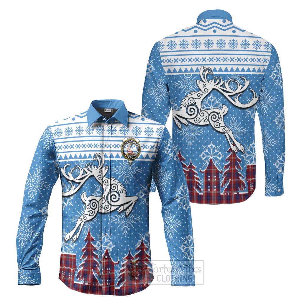 Tartan Vibes Clothing Ainslie Clan Christmas Long Sleeve Button Shirt Celtic Reindeer Style