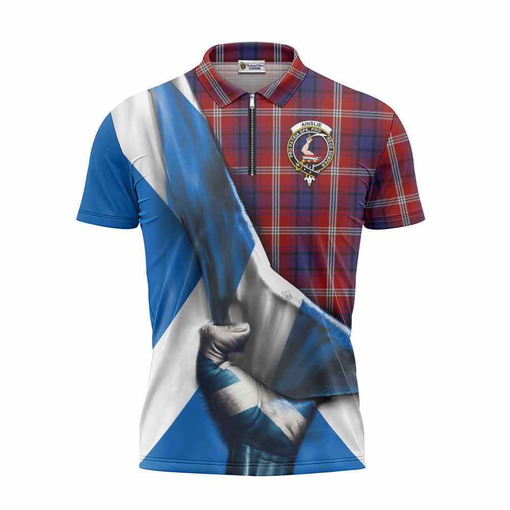 Tartan Vibes Clothing Ainslie Tartan Zipper Polo Shirt with Family Crest Scotland Patriotic Style