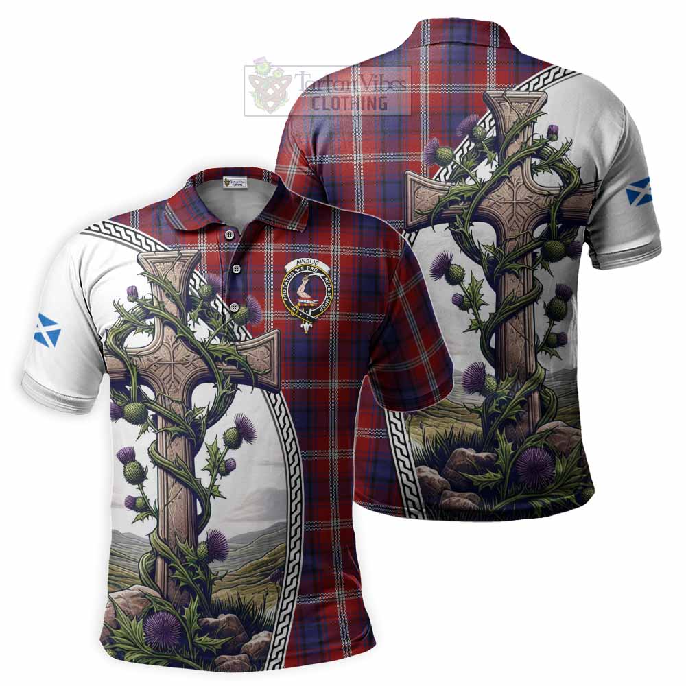 Tartan Vibes Clothing Ainslie Tartan Polo Shirt with Family Crest and St. Andrew's Cross Accented by Thistle Vines