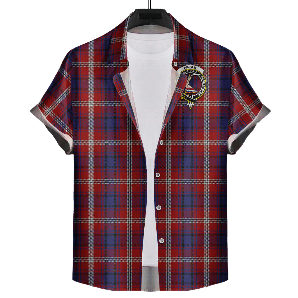 Ainslie Tartan Short Sleeve Button Down Shirt with Family Crest - Tartanvibesclothing