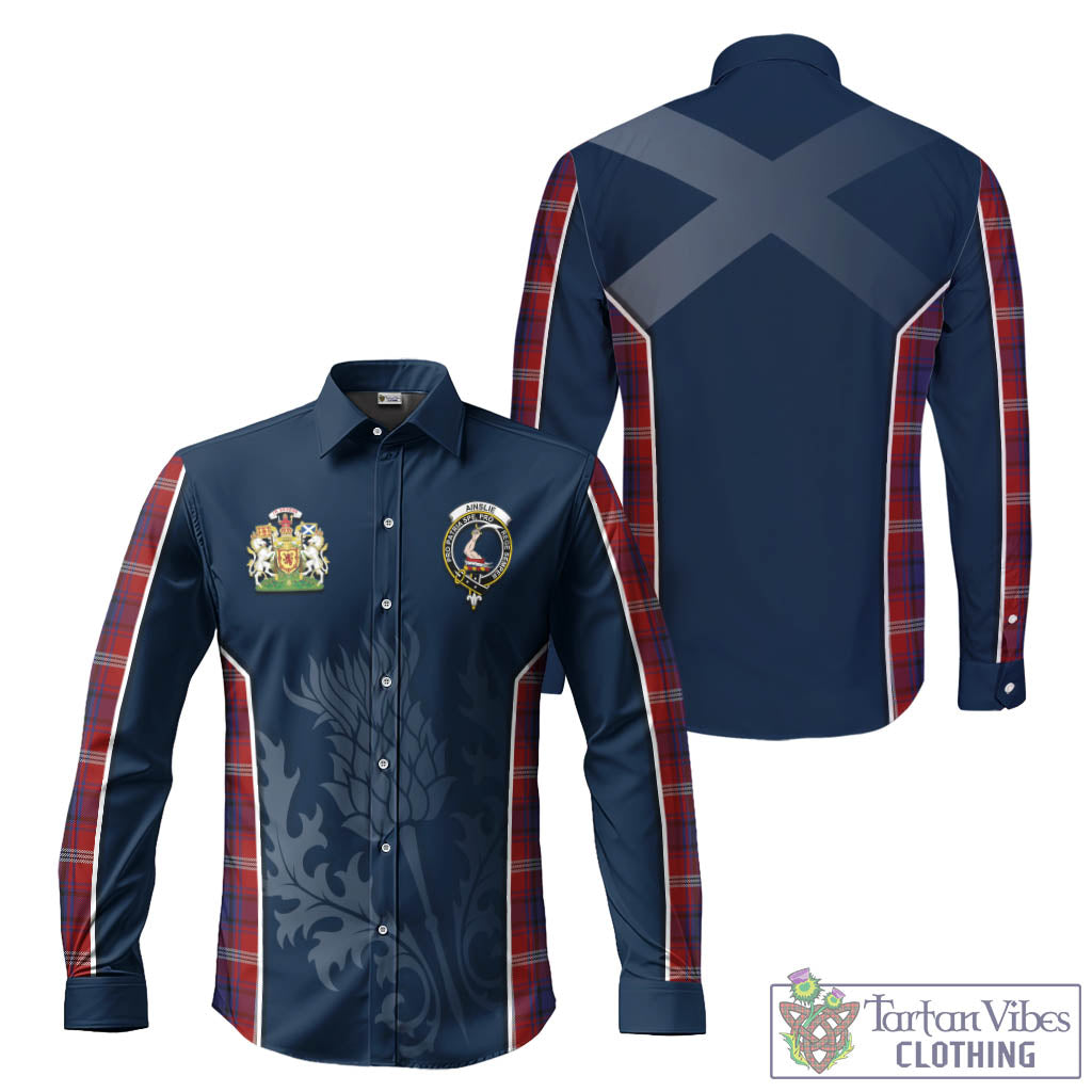 Tartan Vibes Clothing Ainslie Tartan Long Sleeve Button Up Shirt with Family Crest and Scottish Thistle Vibes Sport Style