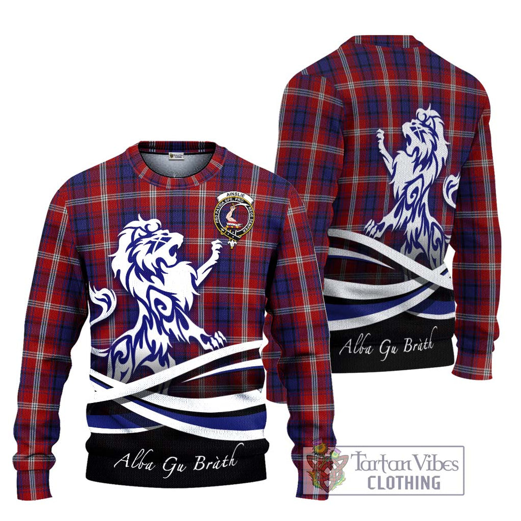 Ainslie Tartan Knitted Sweater with Alba Gu Brath Regal Lion Emblem Unisex - Tartanvibesclothing Shop