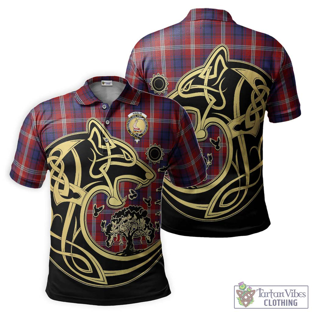 Ainslie Tartan Polo Shirt with Family Crest Celtic Wolf Style Kid - Tartanvibesclothing Shop