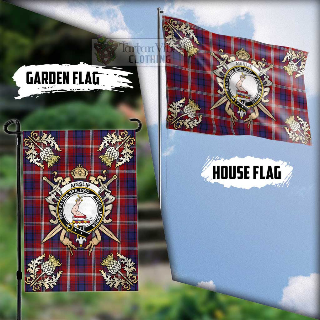 Tartan Vibes Clothing Ainslie Tartan Flag with Family Crest and Golden Thistle Crossed Sword Design