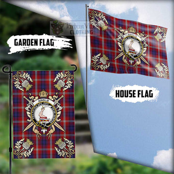 Ainslie Tartan Flag with Family Crest and Golden Thistle Crossed Sword Design