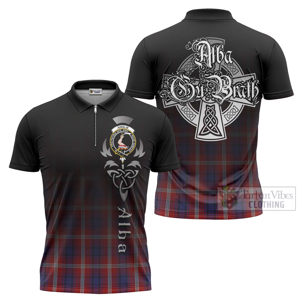 Tartan Vibes Clothing Ainslie Tartan Zipper Polo Shirt Featuring Alba Gu Brath Family Crest Celtic Inspired