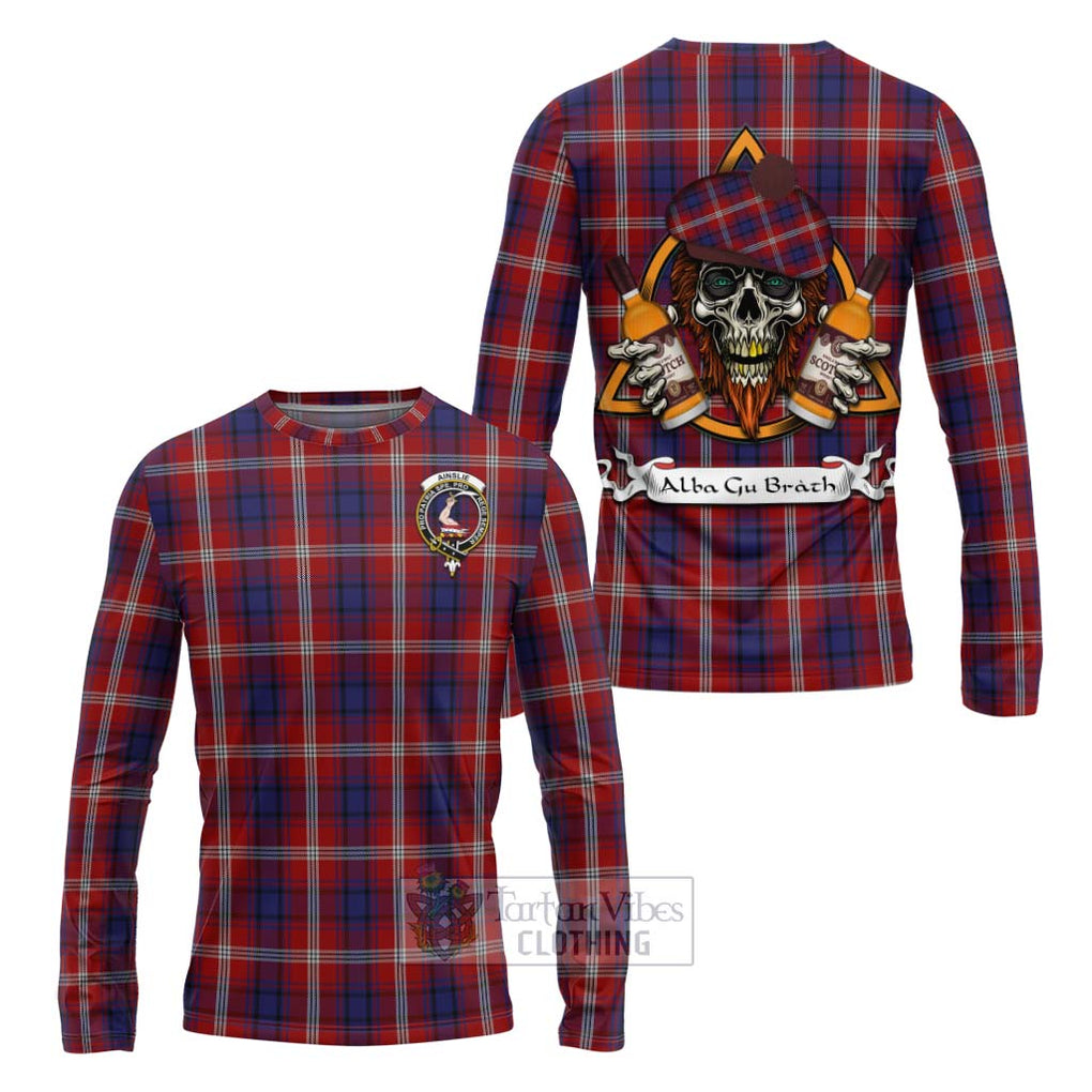 Tartan Vibes Clothing Ainslie Tartan Long Sleeve T-Shirt with Family Crest and Bearded Skull Holding Bottles of Whiskey