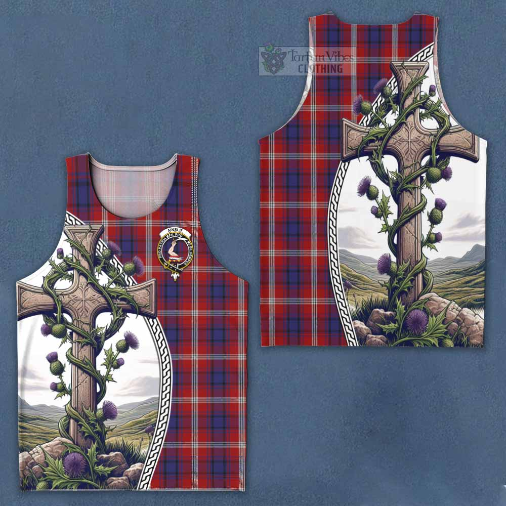 Tartan Vibes Clothing Ainslie Tartan Men's Tank Top with Family Crest and St. Andrew's Cross Accented by Thistle Vines