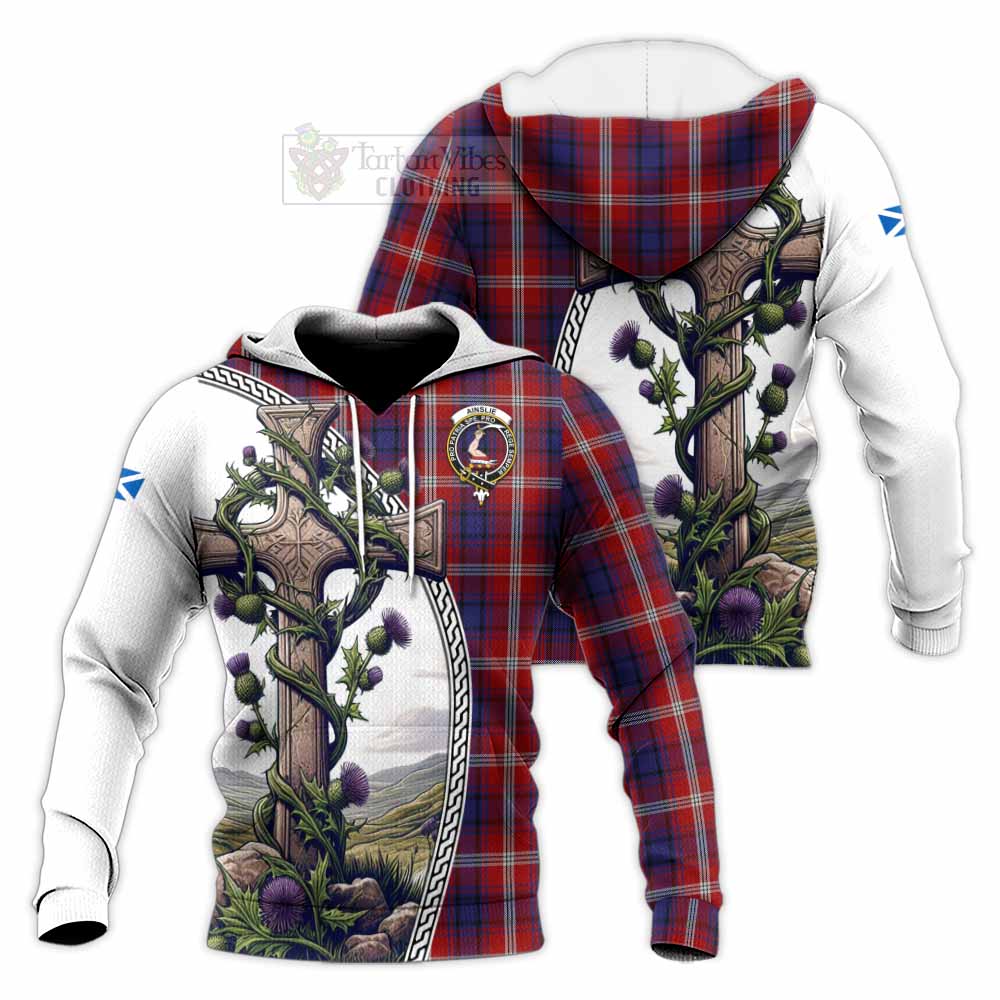 Tartan Vibes Clothing Ainslie Tartan Knitted Hoodie with Family Crest and St. Andrew's Cross Accented by Thistle Vines