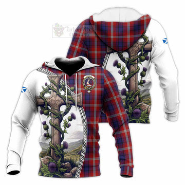 Ainslie Tartan Knitted Hoodie with Family Crest and St. Andrew's Cross Accented by Thistle Vines