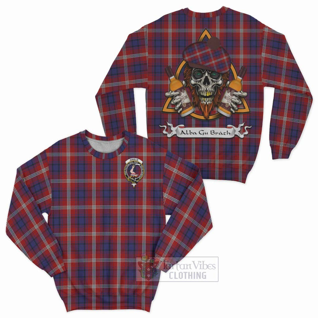 Tartan Vibes Clothing Ainslie Tartan Sweatshirt with Family Crest and Bearded Skull Holding Bottles of Whiskey