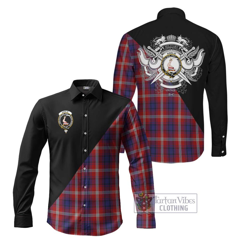 Ainslie Tartan Long Sleeve Button Shirt with Family Crest and Military Logo Style Men's Shirt S - Tartanvibesclothing Shop