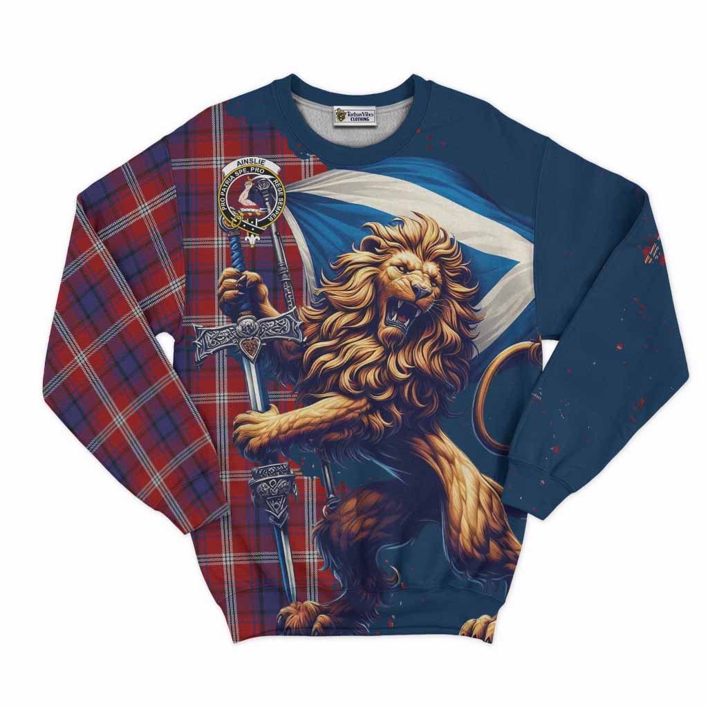 Tartan Vibes Clothing Ainslie Tartan Family Crest Sweatshirt with Scottish Majestic Lion