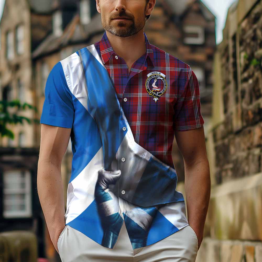 Tartan Vibes Clothing Ainslie Tartan Short Sleeve Button Shirt with Family Crest Scotland Patriotic Style