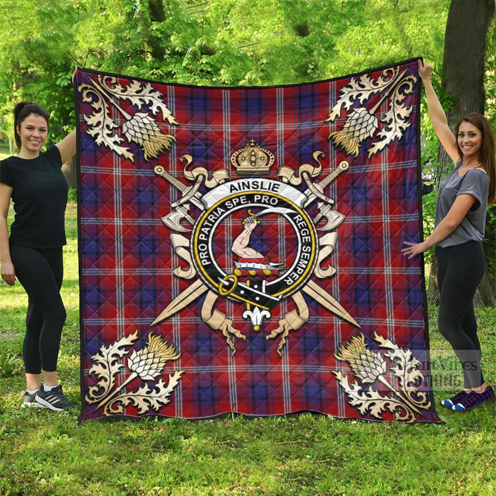 Tartan Vibes Clothing Ainslie Tartan Quilt with Family Crest and Scottish Golden Courage Shield