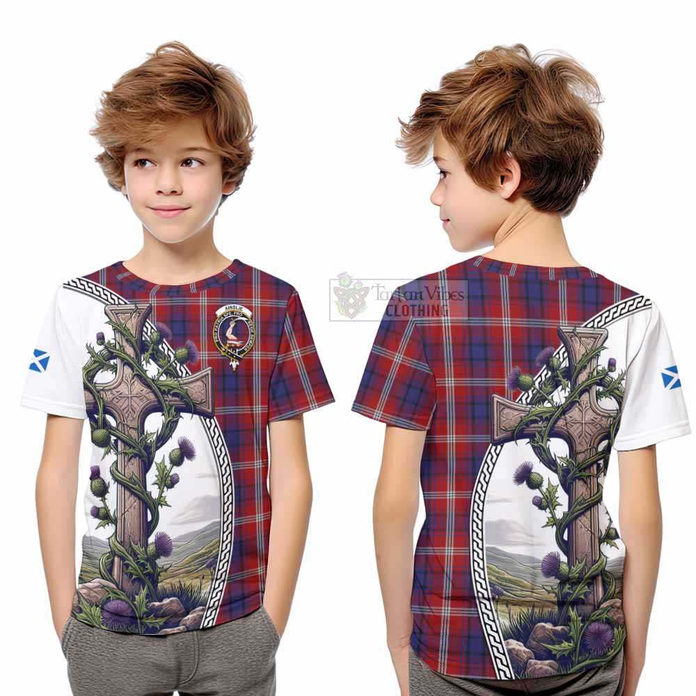 Tartan Vibes Clothing Ainslie Tartan Kid T-Shirt with Family Crest and St. Andrew's Cross Accented by Thistle Vines