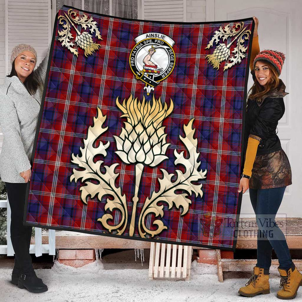 Tartan Vibes Clothing Ainslie Tartan Quilt with Family Crest and Golden Thistle Style