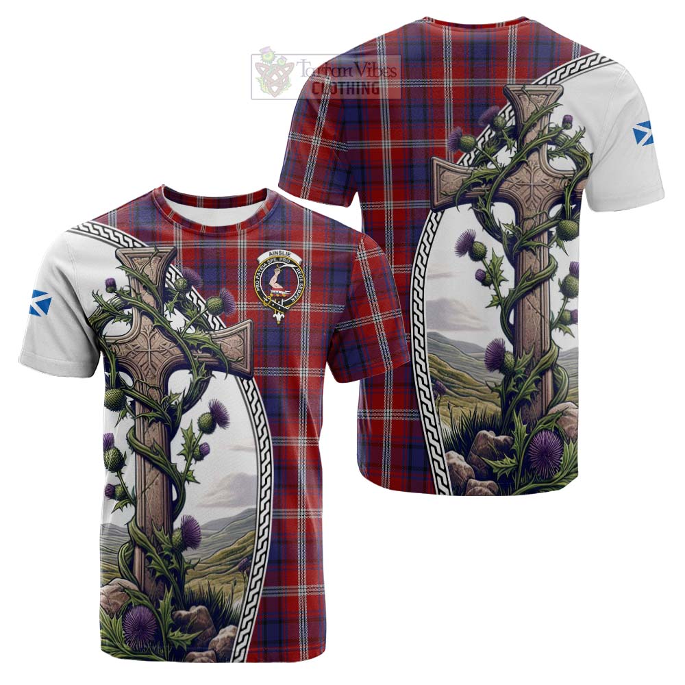 Tartan Vibes Clothing Ainslie Tartan Cotton T-shirt with Family Crest and St. Andrew's Cross Accented by Thistle Vines