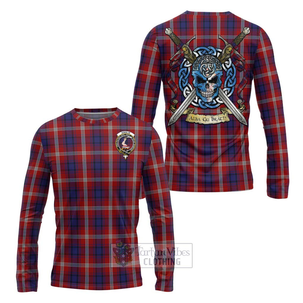 Tartan Vibes Clothing Ainslie Tartan Long Sleeve T-Shirt with Family Crest Celtic Skull Style