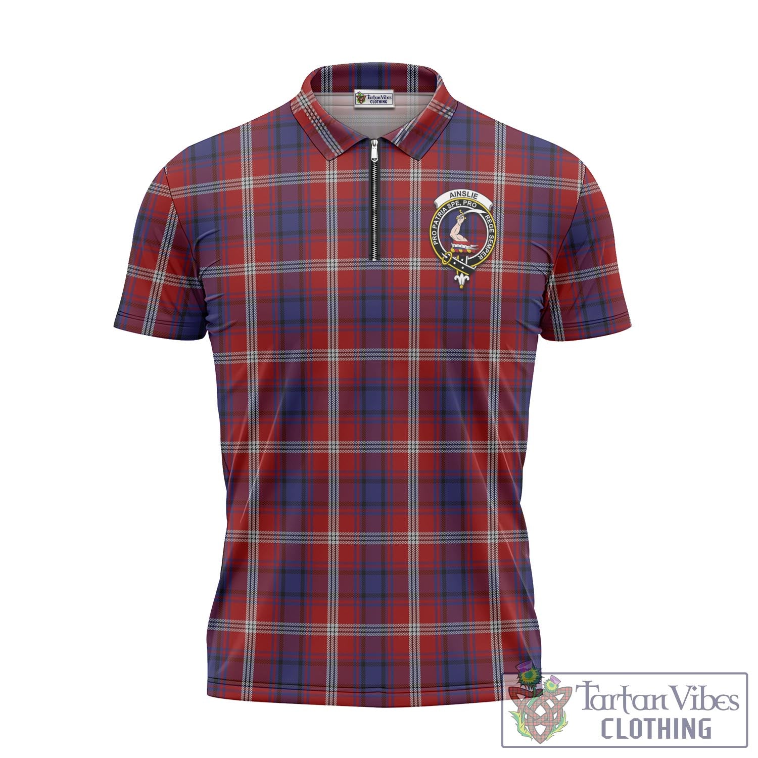 Tartan Vibes Clothing Ainslie Tartan Zipper Polo Shirt with Family Crest