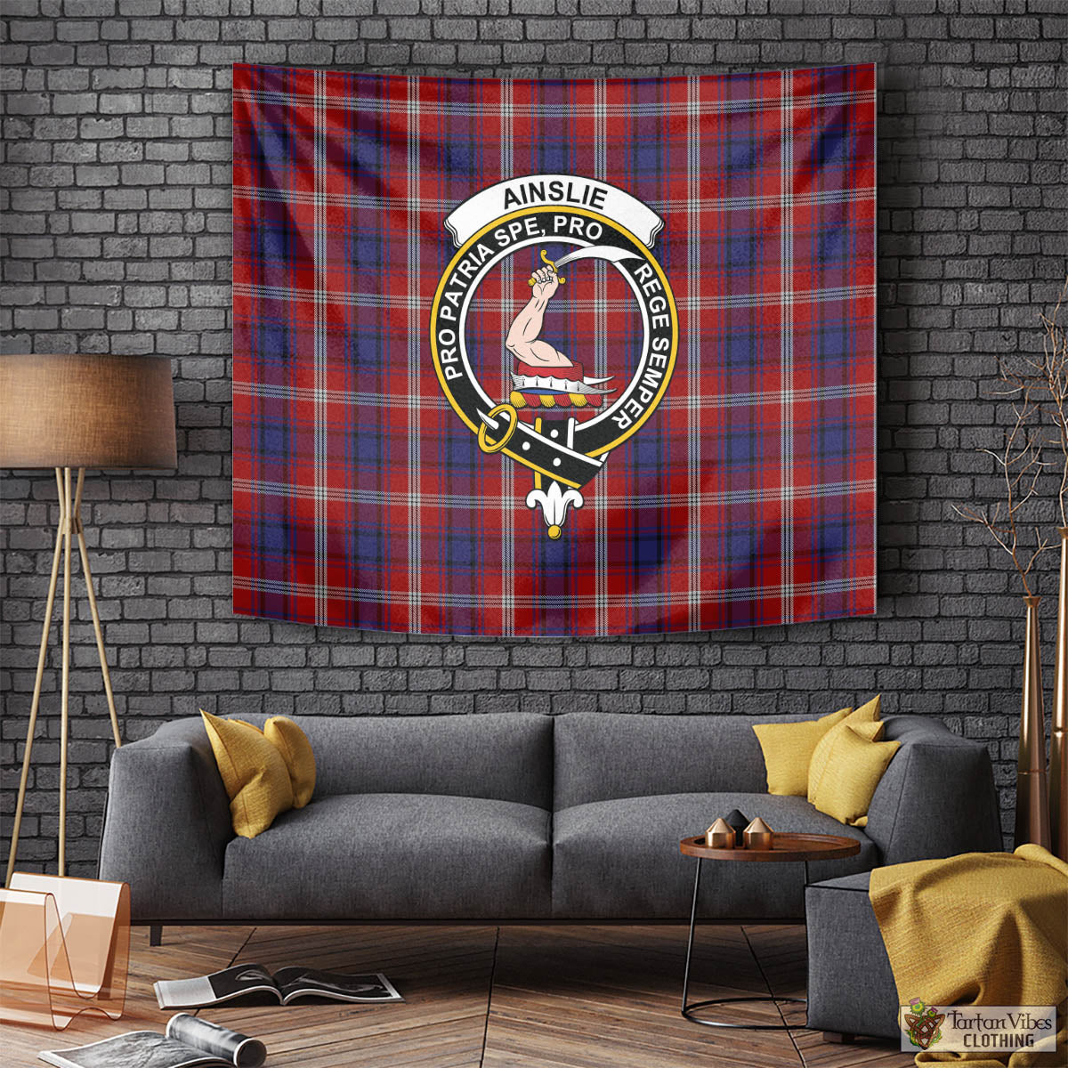 Tartan Vibes Clothing Ainslie Tartan Tapestry Wall Hanging and Home Decor for Room with Family Crest