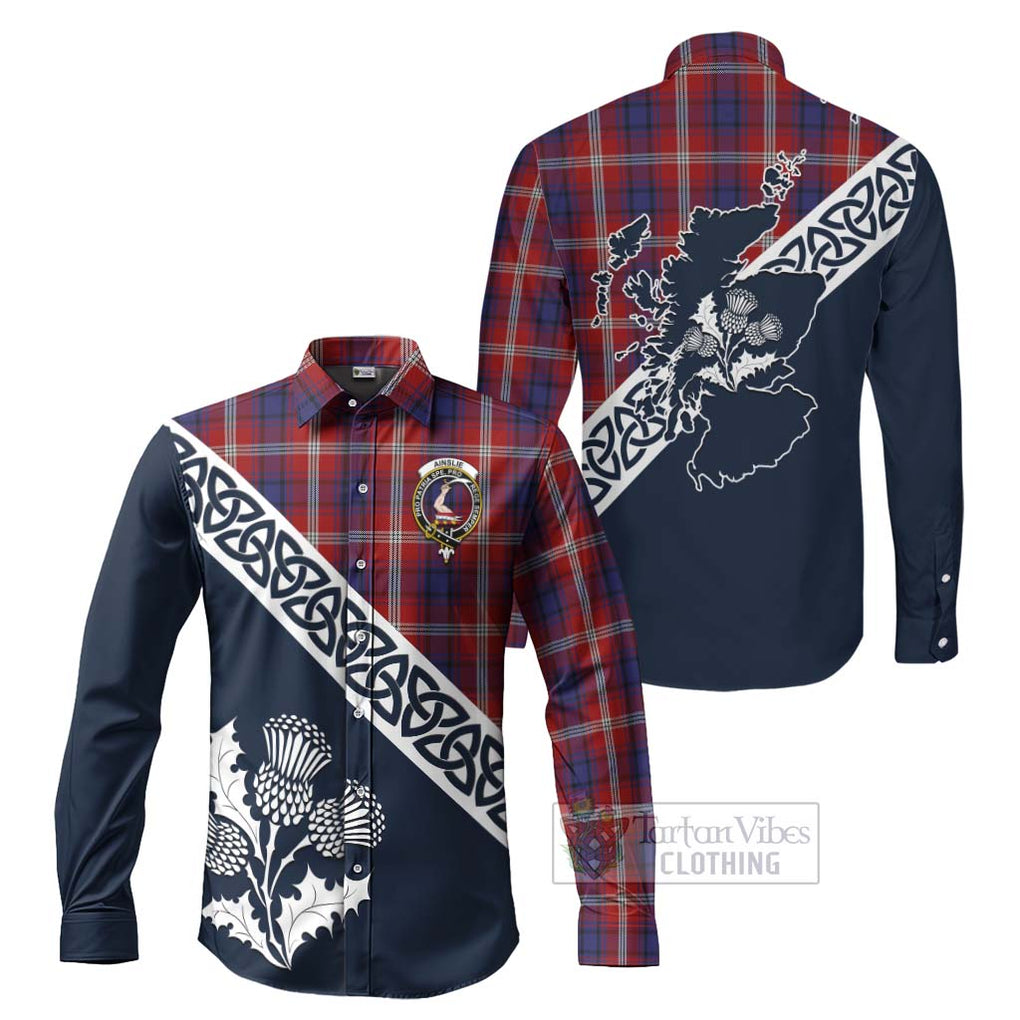 Tartan Vibes Clothing Ainslie Tartan Long Sleeve Button Shirt Featuring Thistle and Scotland Map