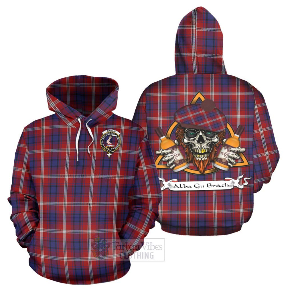 Tartan Vibes Clothing Ainslie Tartan Hoodie with Family Crest and Bearded Skull Holding Bottles of Whiskey