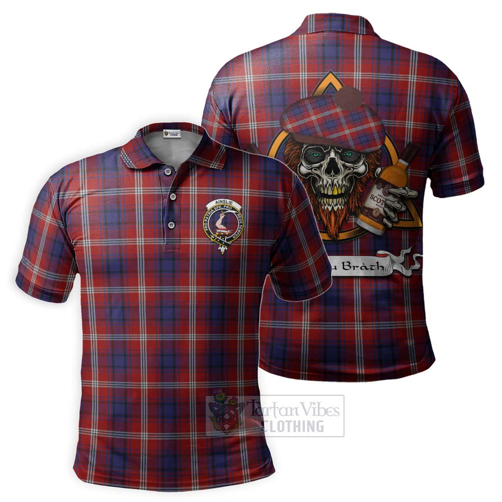 Tartan Vibes Clothing Ainslie Tartan Polo Shirt with Family Crest and Bearded Skull Holding Bottles of Whiskey