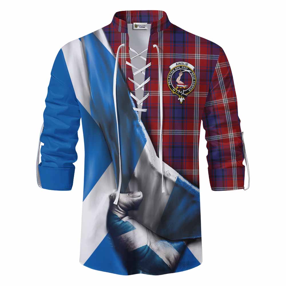 Tartan Vibes Clothing Ainslie Tartan Ghillie Kilt Shirt with Family Crest Scotland Patriotic Style