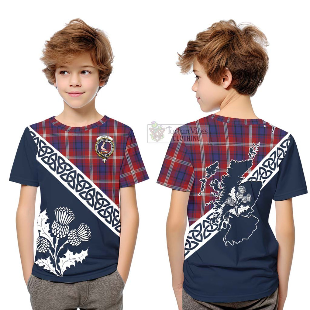 Tartan Vibes Clothing Ainslie Tartan Kid T-Shirt Featuring Thistle and Scotland Map