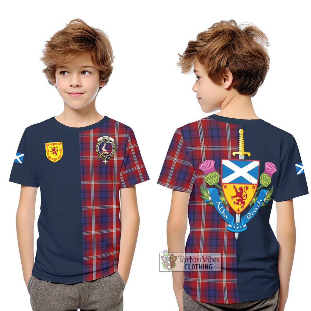 Tartan Vibes Clothing Ainslie Tartan Kid T-Shirt with Scottish Lion Royal Arm Half Style