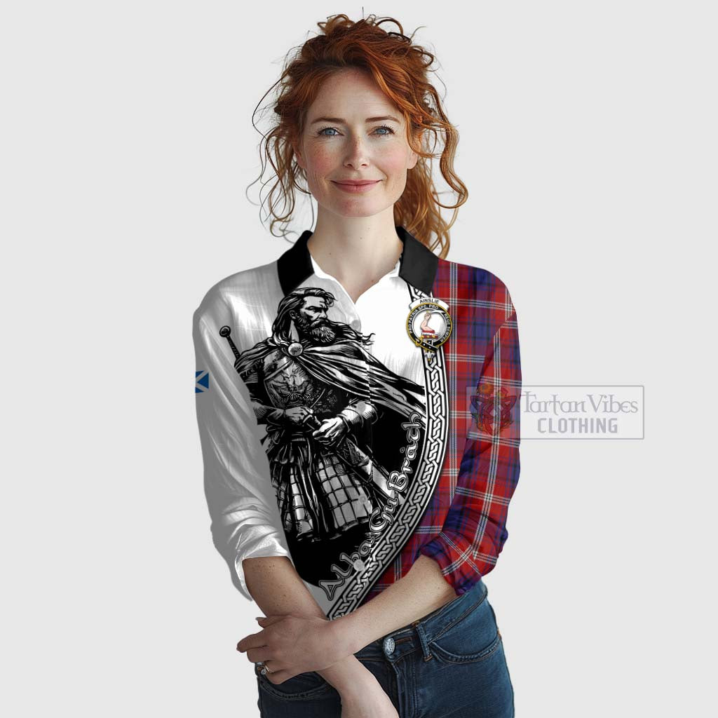 Tartan Vibes Clothing Ainslie Tartan Clan Crest Women's Casual Shirt with Highlander Warrior Celtic Style