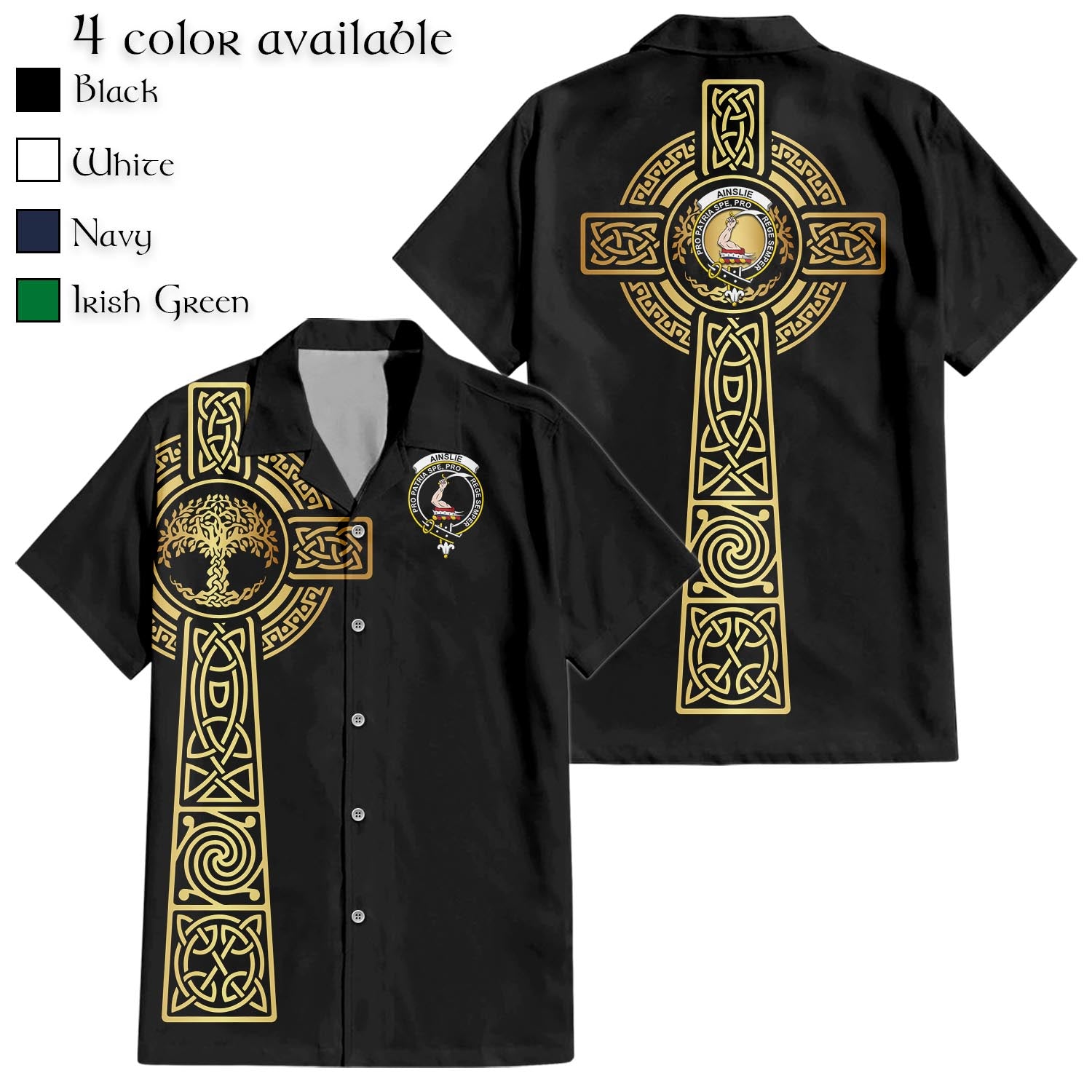 Ainslie Clan Mens Short Sleeve Button Up Shirt with Golden Celtic Tree Of Life Black - Tartanvibesclothing