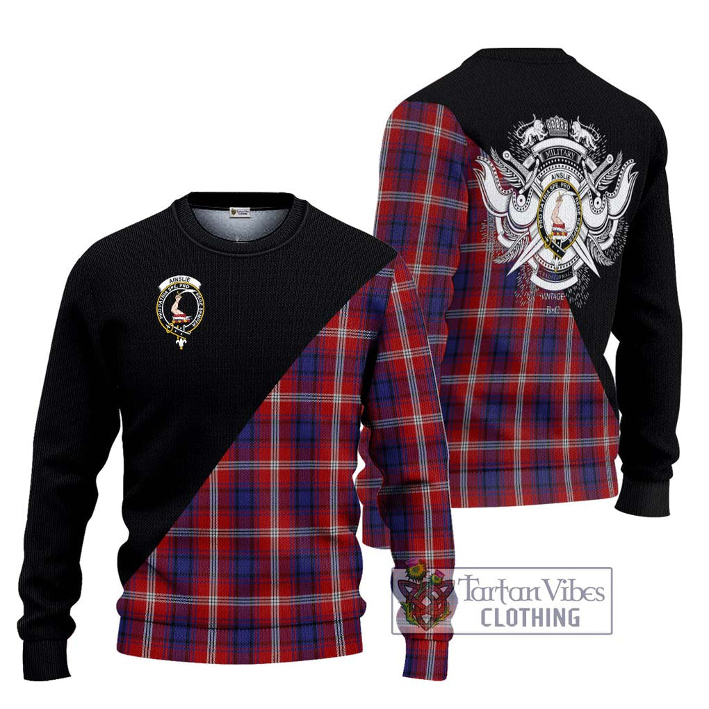 Ainslie Tartan Knitted Sweater with Family Crest and Military Logo Style Unisex - Tartanvibesclothing Shop