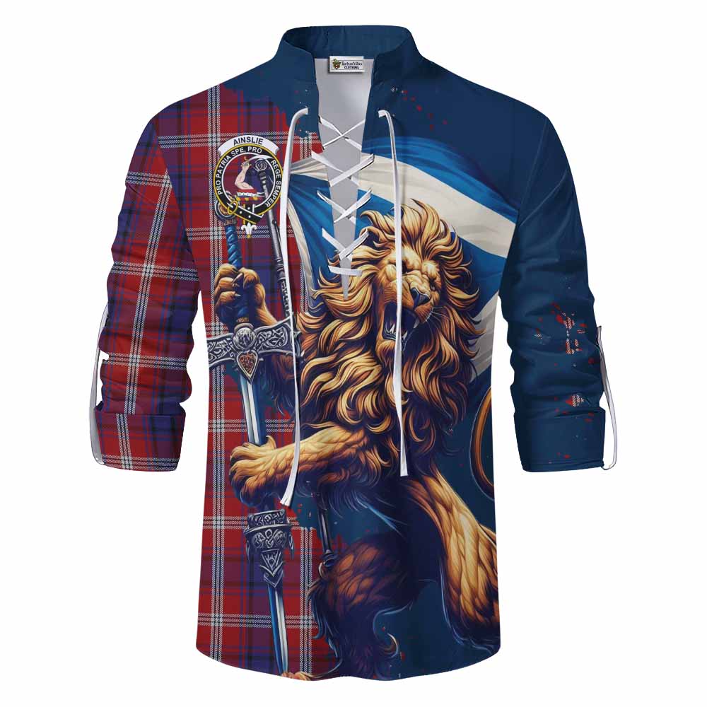 Tartan Vibes Clothing Ainslie Tartan Family Crest Ghillie Kilt Shirt with Scottish Majestic Lion