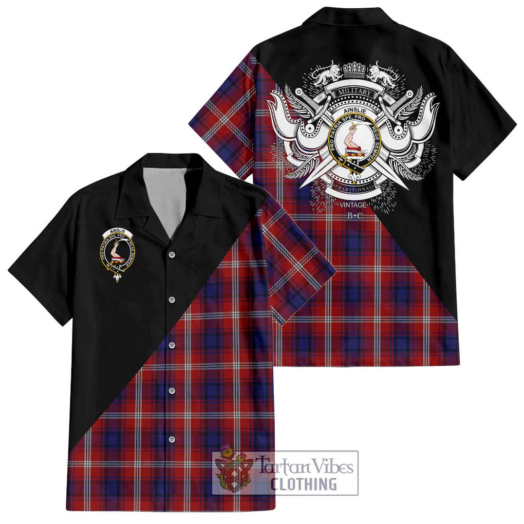 Ainslie Tartan Short Sleeve Button Shirt with Family Crest and Military Logo Style Kid - Tartanvibesclothing Shop