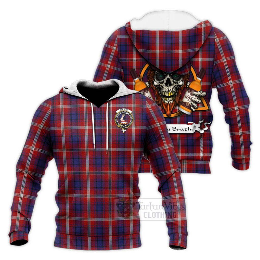 Tartan Vibes Clothing Ainslie Tartan Knitted Hoodie with Family Crest and Bearded Skull Holding Bottles of Whiskey