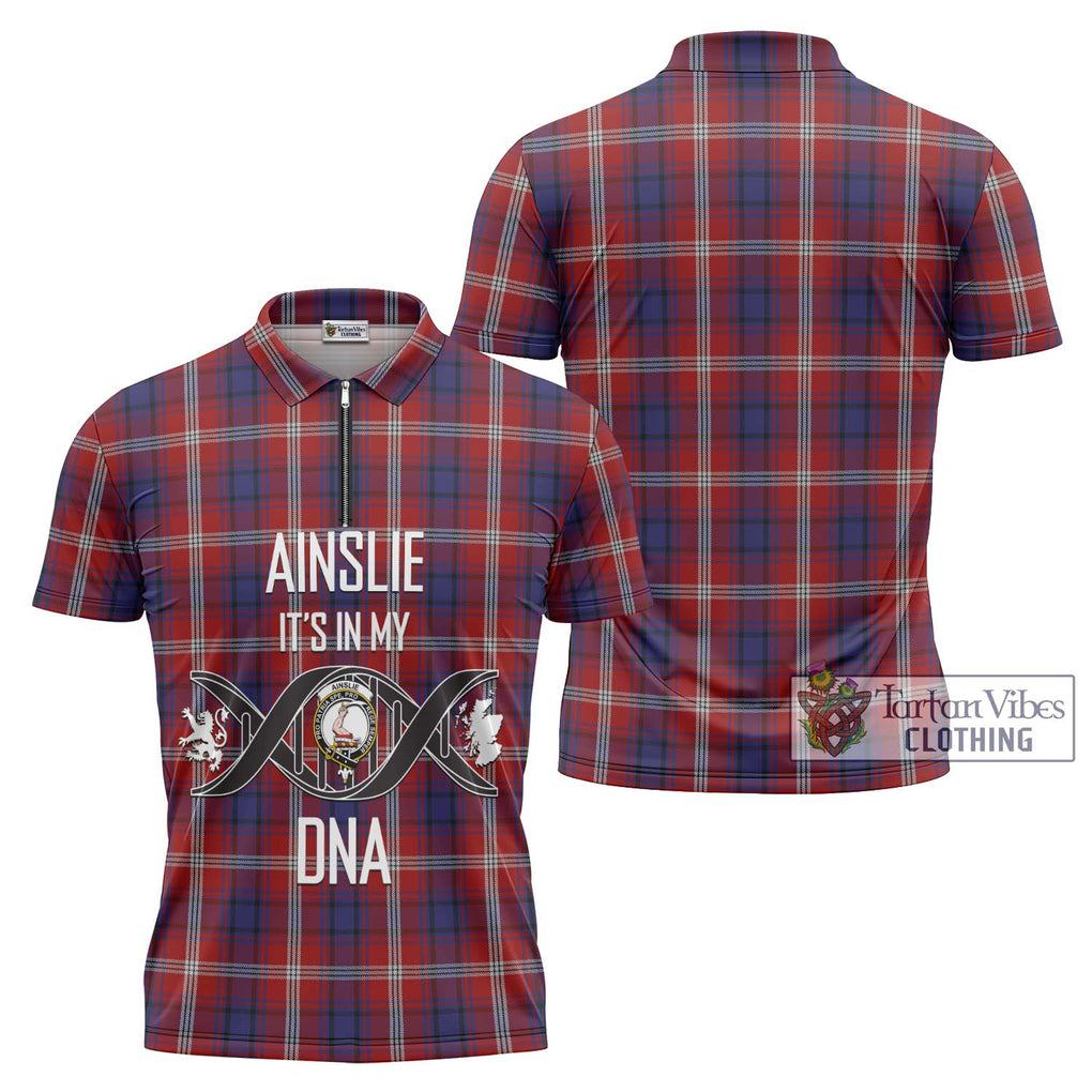 Ainslie Tartan Zipper Polo Shirt with Family Crest DNA In Me Style Unisex - Tartanvibesclothing Shop