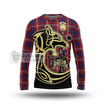 Ainslie Tartan Long Sleeve T-Shirt with Family Crest Celtic Wolf Style