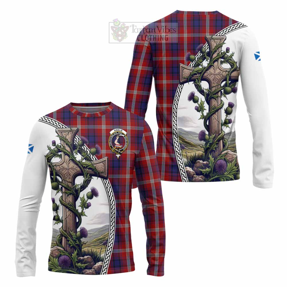 Tartan Vibes Clothing Ainslie Tartan Long Sleeve T-Shirt with Family Crest and St. Andrew's Cross Accented by Thistle Vines