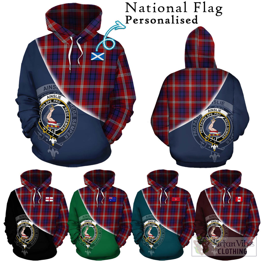 Ainslie Tartan Hoodie with Personalised National Flag and Family Crest Half Style Zip Hoodie - Tartanvibesclothing Shop