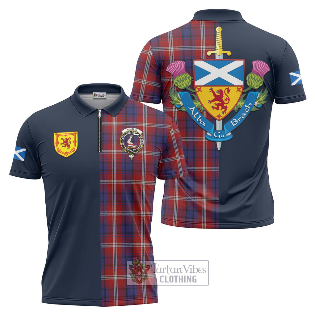 Tartan Vibes Clothing Ainslie Tartan Zipper Polo Shirt with Scottish Lion Royal Arm Half Style