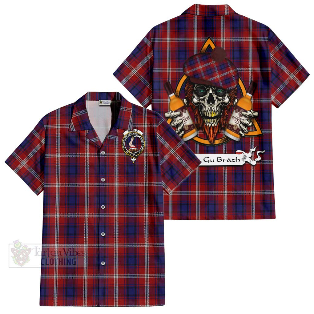 Tartan Vibes Clothing Ainslie Tartan Short Sleeve Button Shirt with Family Crest and Bearded Skull Holding Bottles of Whiskey