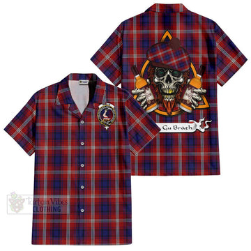 Ainslie Tartan Short Sleeve Button Shirt with Family Crest and Bearded Skull Holding Bottles of Whiskey