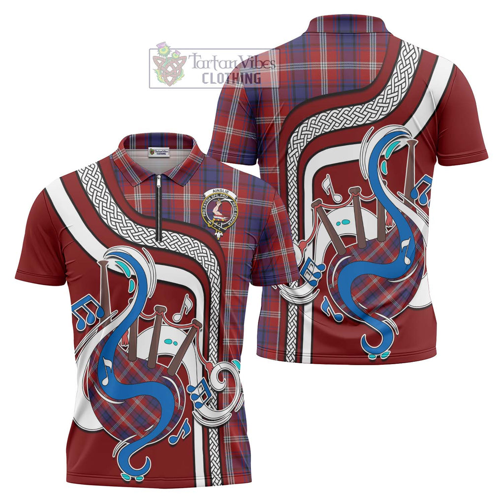 Ainslie Tartan Zipper Polo Shirt with Epic Bagpipe Style Unisex - Tartanvibesclothing Shop