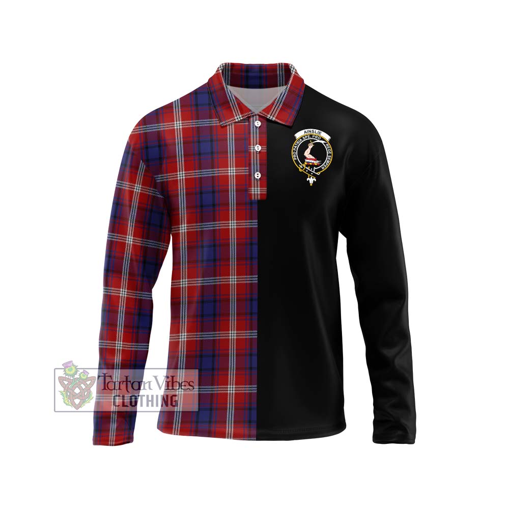 Ainslie Tartan Long Sleeve Polo Shirt with Family Crest and Half Of Me Style Unisex - Tartanvibesclothing Shop